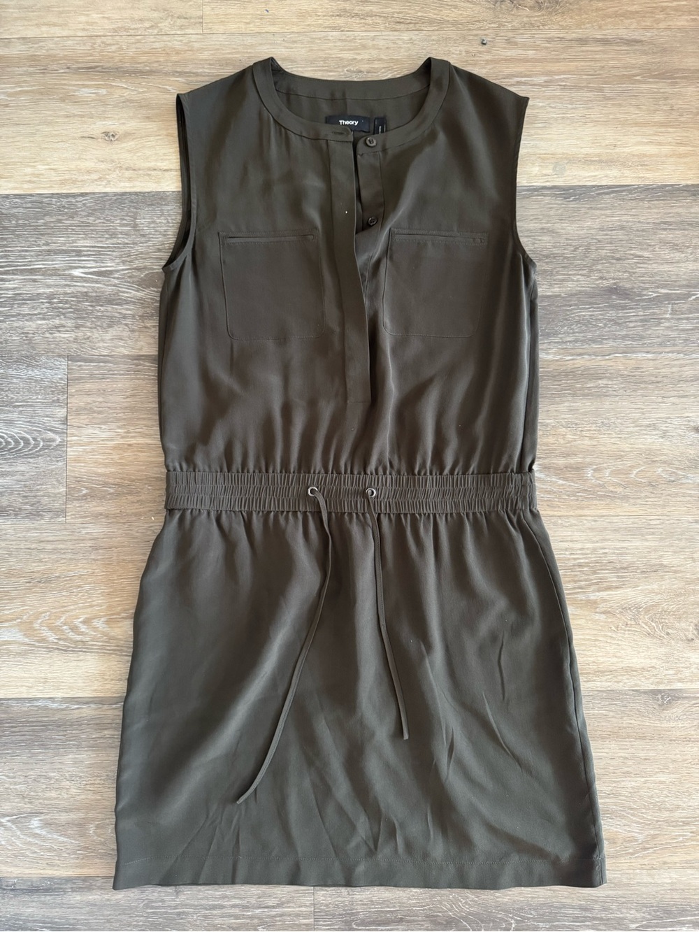 Theory Olive Sleeveless Drawstring Waist Mini Dress